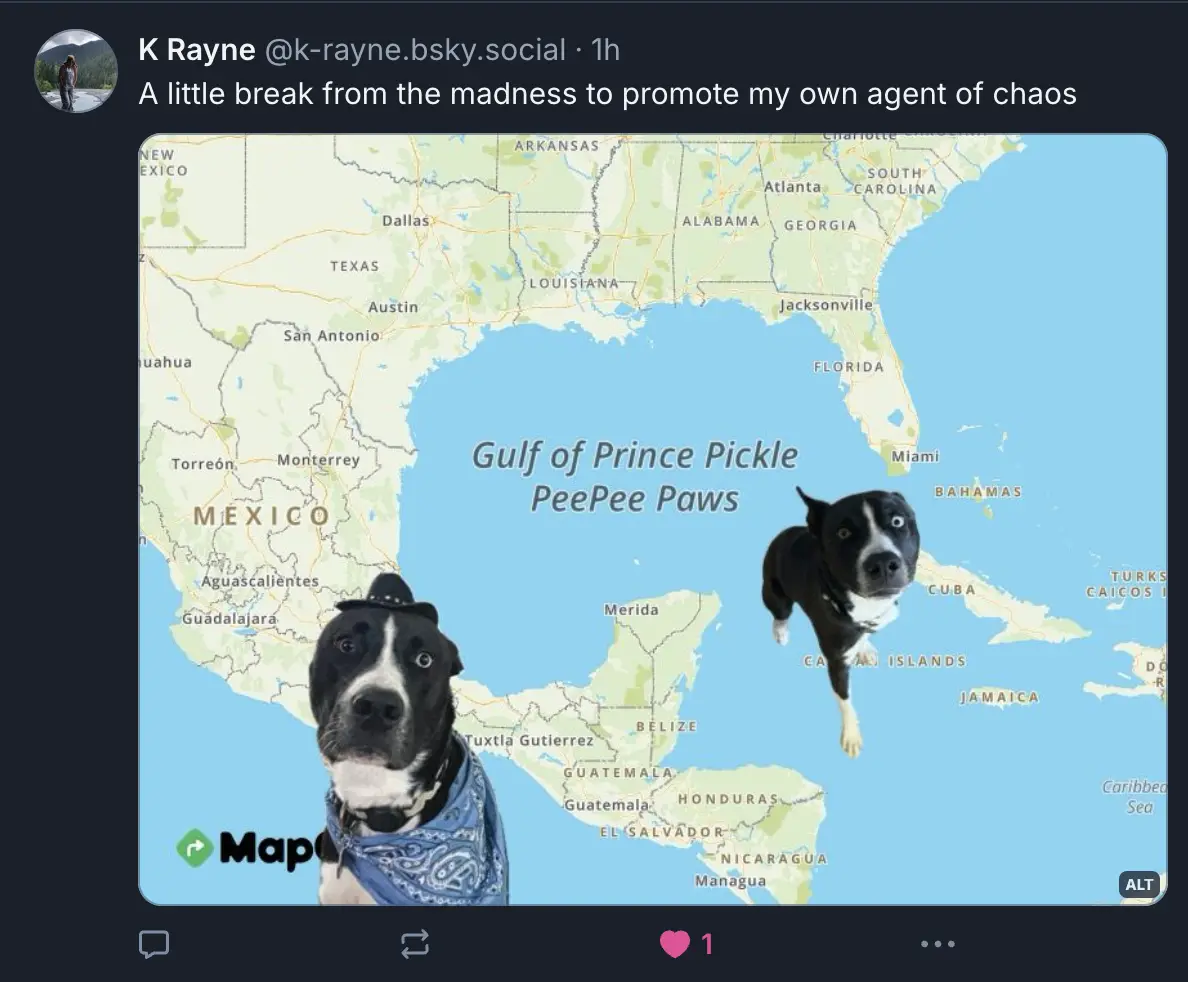 A map of the Gulf of Mexico and surrounding areas has been humorously altered to name the gulf 'Gulf of Prince Pickle PeePee…