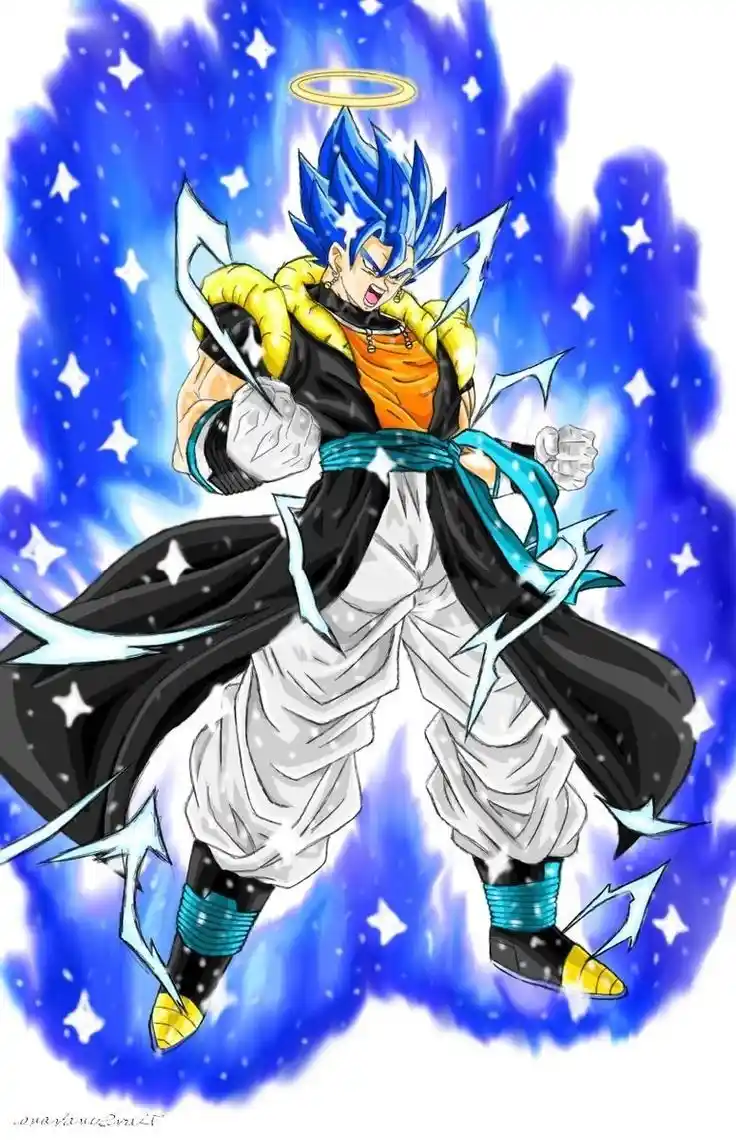 An anime character with spiky blue hair, an orange and black gi, and a black cape stands in a dynamic pose against a blue…