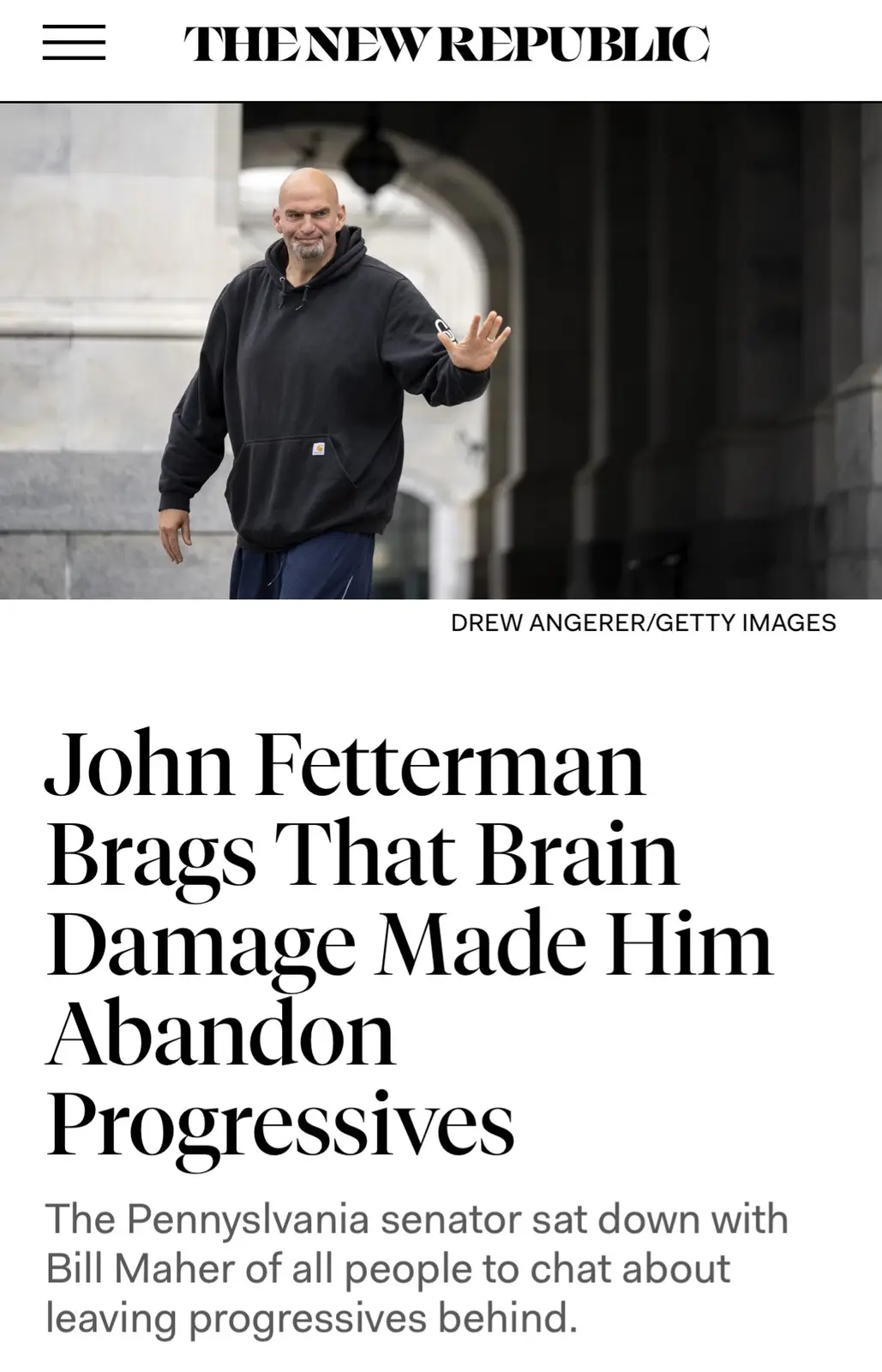 A screenshot of a The New Republic article header featuring a photo of John Fetterman, a bald man with a goatee wearing a…