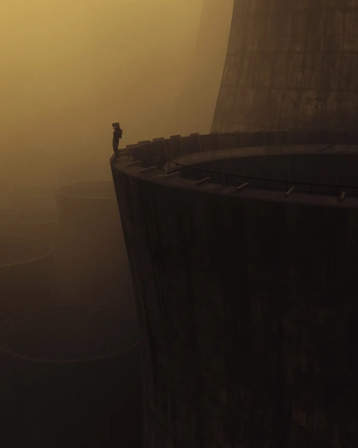 A small, boxy robot with glowing red eyes stands alone on the edge of a massive, fog-shrouded concrete structure, looking…