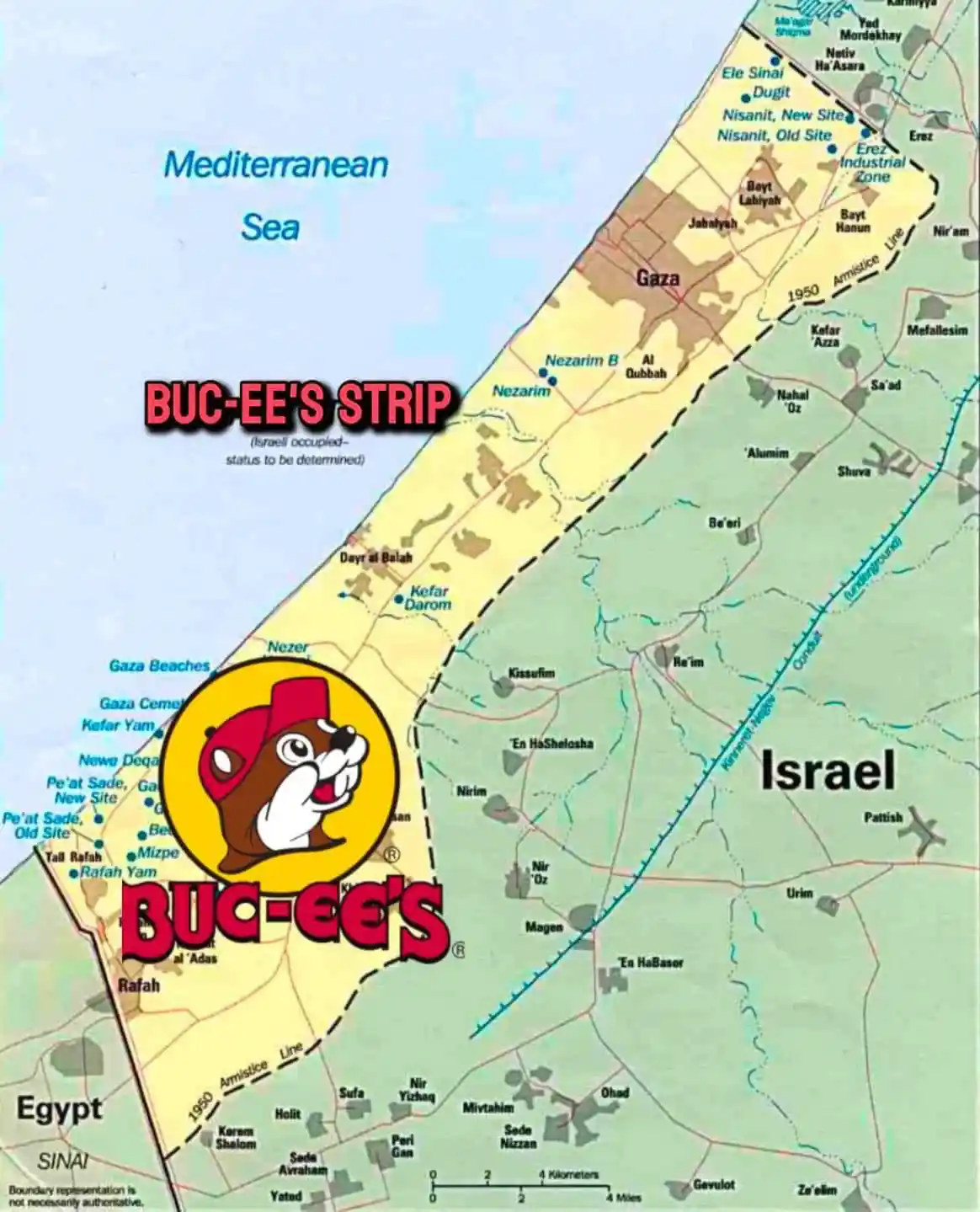 A map of the Gaza Strip and surrounding areas, with the region labeled 'BUC-EE'S STRIP' and overlaid with the Buc-ee's logo…