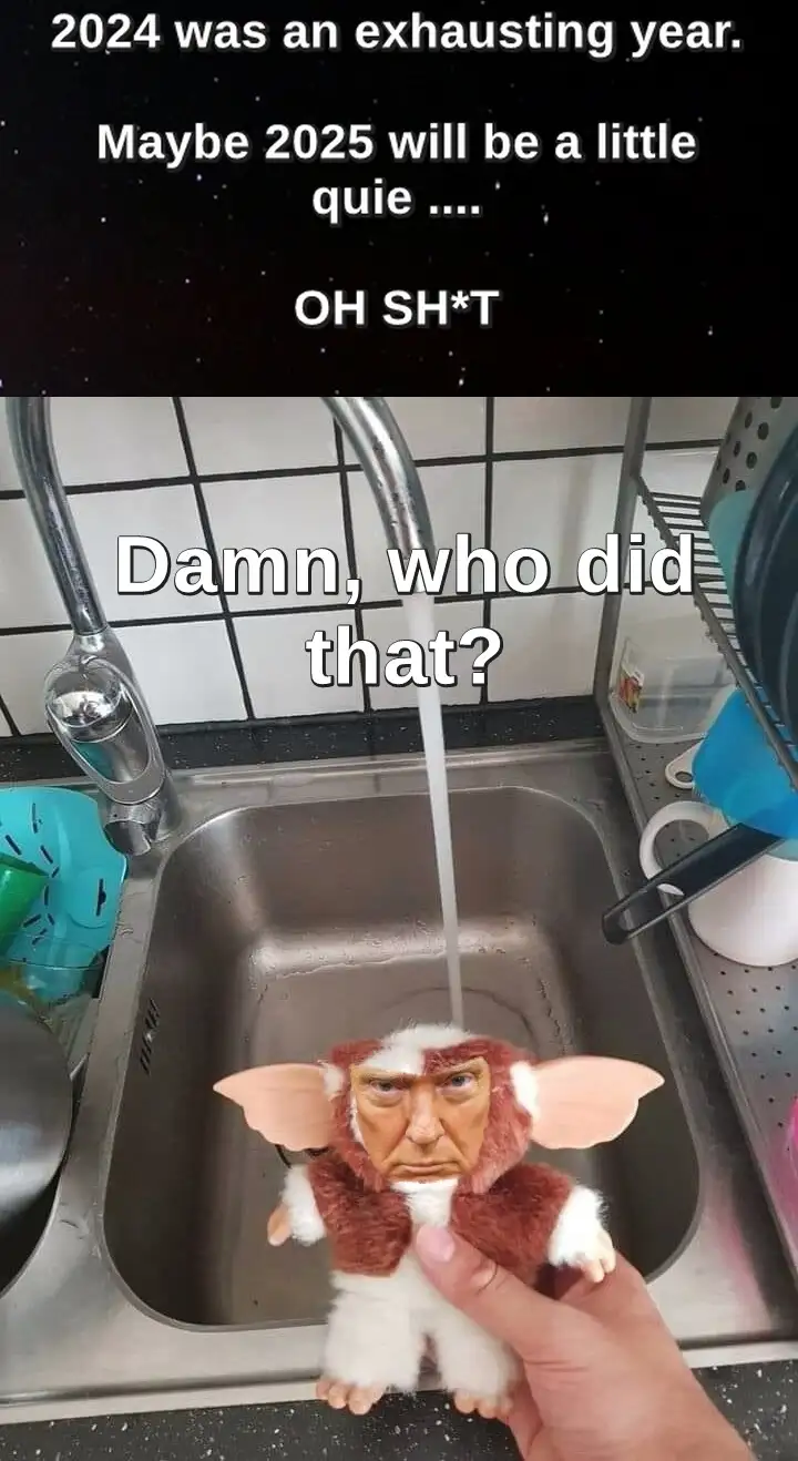 A person holds a plush toy resembling a Gremlin with Donald Trump's face under a running kitchen faucet. The top text reads…