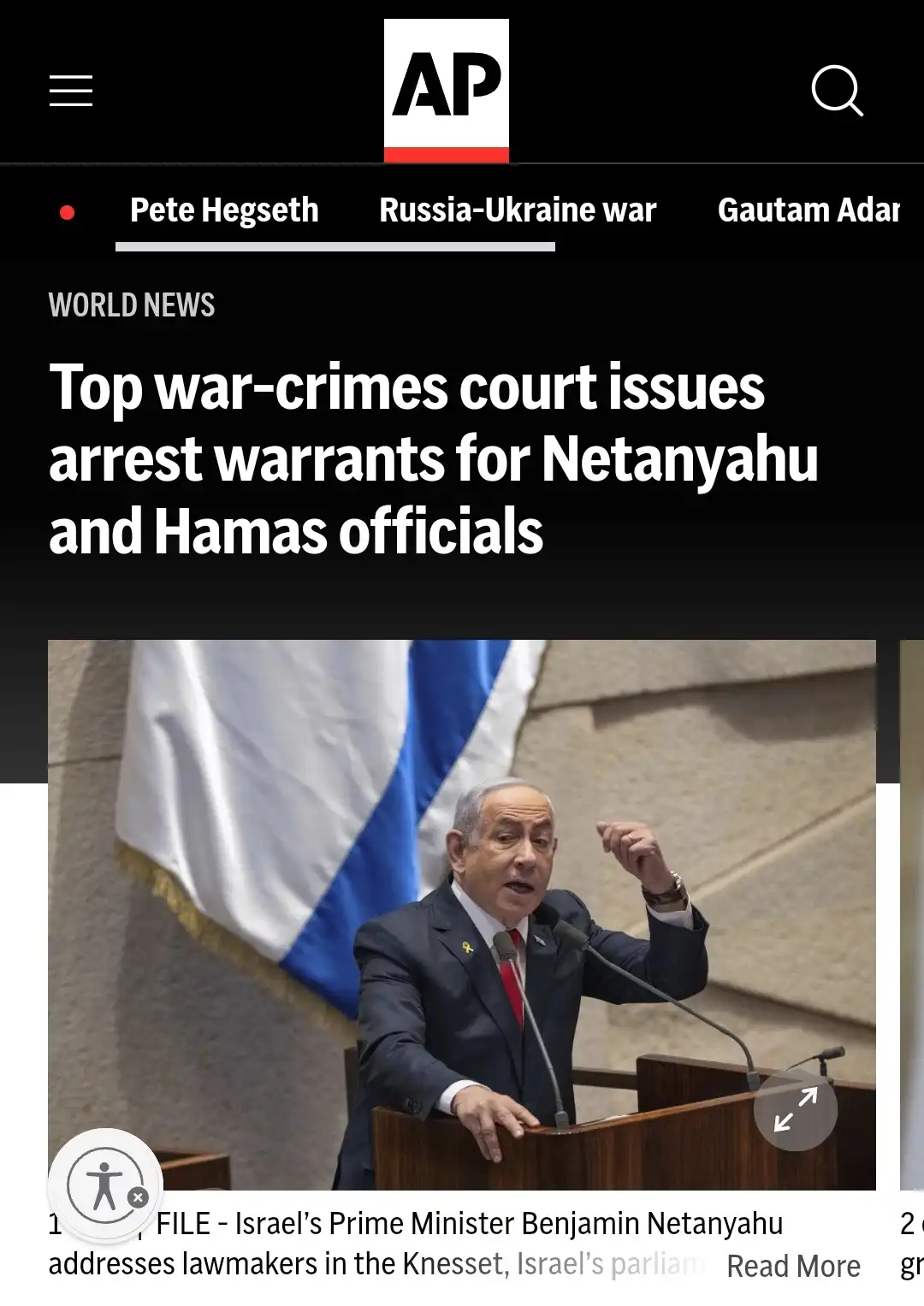 An AP news screenshot shows a headline about a war-crimes court issuing arrest warrants for Netanyahu and Hamas officials…
