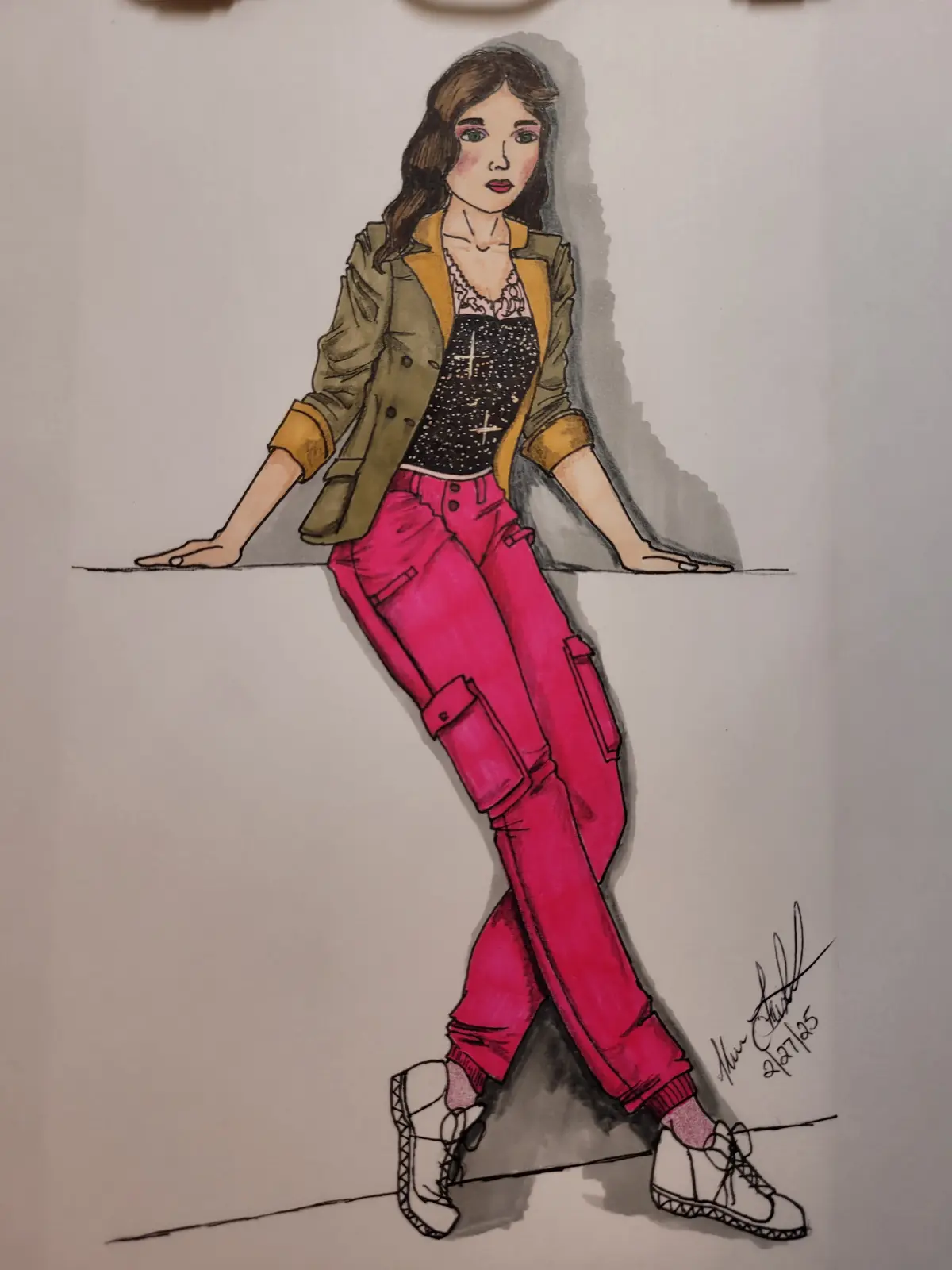 A fashion illustration of a woman leaning against a ledge, wearing a green jacket with yellow cuffs, a black patterned top…