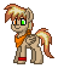 Six pixel art panels show a tan pony with orange mane and tail, wearing an orange bandana and red leg wraps, against a black…
