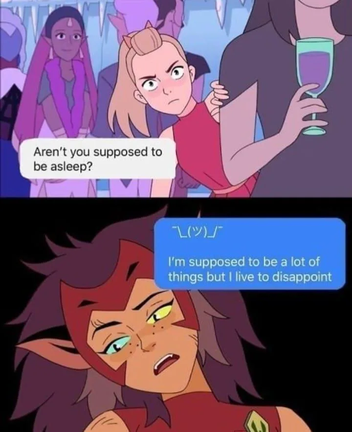 The top panel shows a blonde animated character with an angry expression, asking 'Aren't you supposed to be asleep?' while…