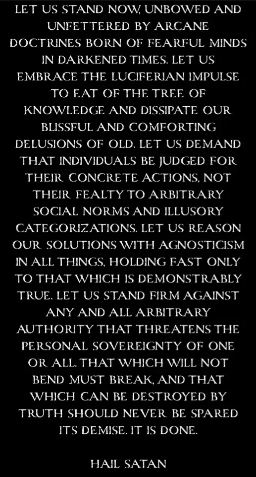 A black background with white serif text that reads a long, philosophical, and defiant declaration about rejecting dogma…