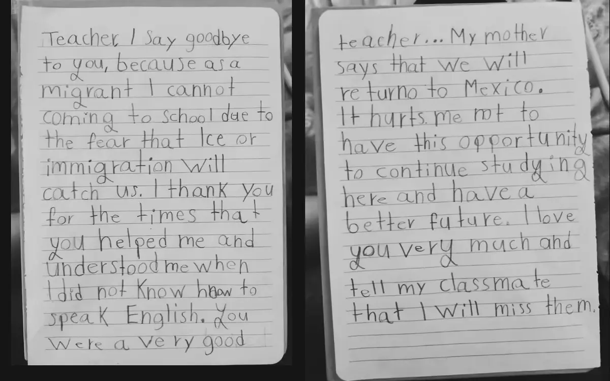 Two black-and-white photos show handwritten notes in a lined notebook. The left note says a student is leaving school due to…
