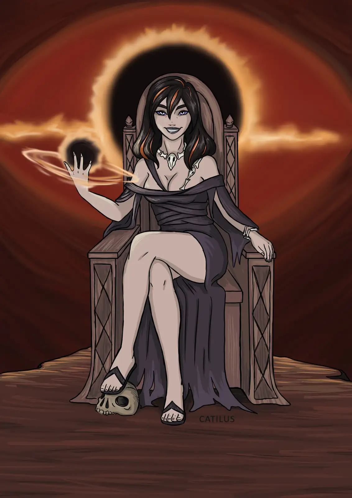 A cartoon-style woman with dark hair and blue eyes sits confidently on a throne, wearing a dark dress and a skull necklace…