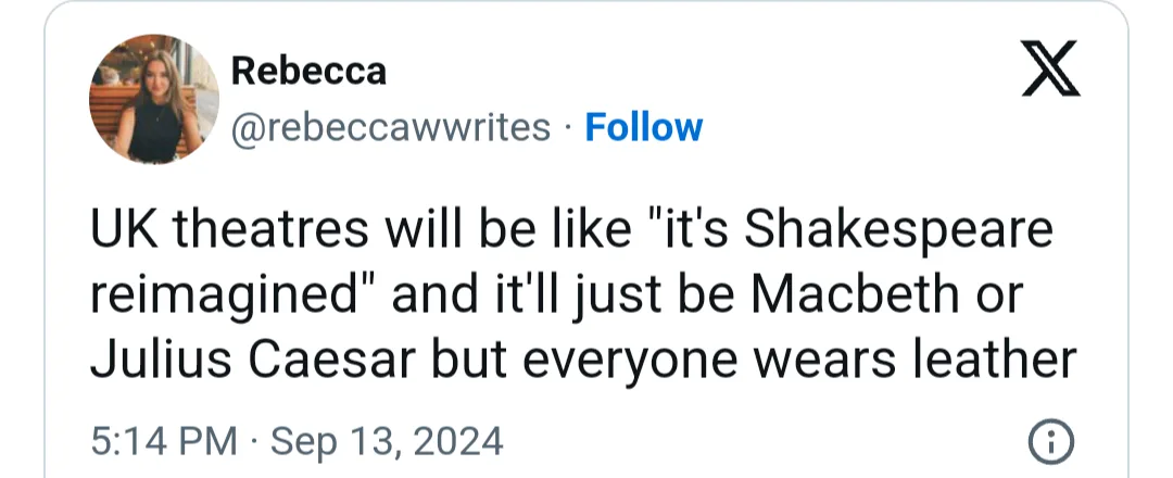 A screenshot of a tweet from user Rebecca (@rebeccawrites) on the X platform, dated September 13, 2024, at 5:14 PM. The…
