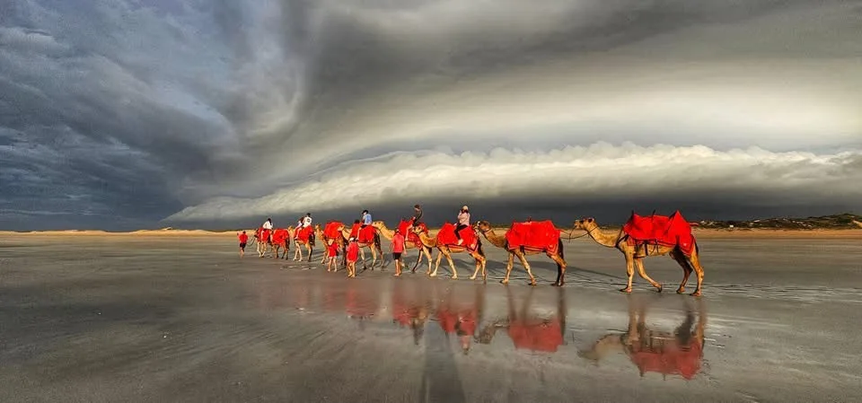 A line of camels with riders, draped in bright red blankets, walks across a wet, reflective desert floor under a dramatic…