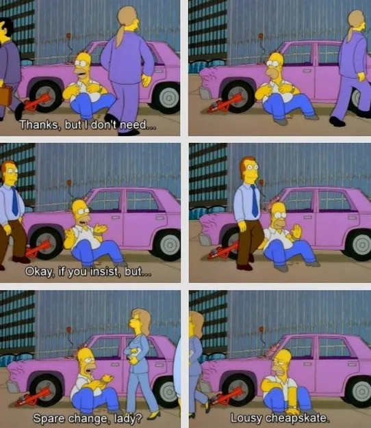 A six-panel comic strip from The Simpsons shows Homer Simpson sitting on the ground next to a pink car with a red jack lying…