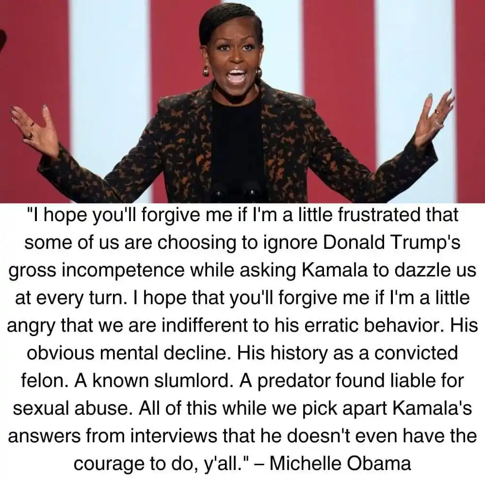 A photo of Michelle Obama with her arms outstretched, looking frustrated, overlaid with a long quote attributed to her. The…
