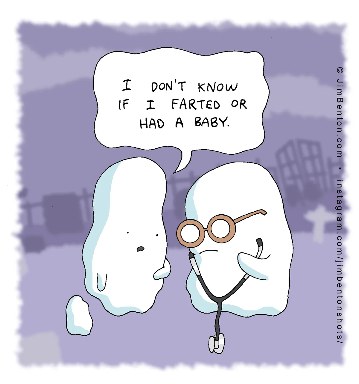 Two cartoon ghosts stand in a graveyard setting; one wears glasses and a stethoscope, listening to the other ghost who has a…