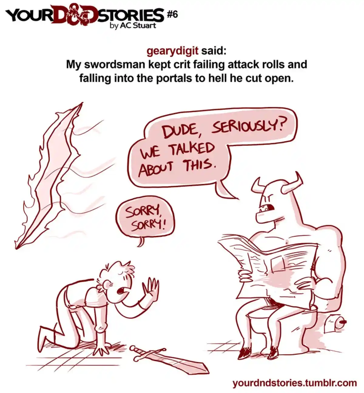 A cartoon depicts a kneeling swordsman apologizing to a seated, angry devil who is reading a newspaper. The devil says…
