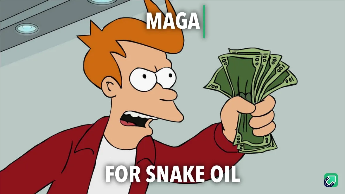 A cartoon man with orange hair and a red jacket holds a fan of $100 bills, looking shocked. The text 'MAGA' is above his…