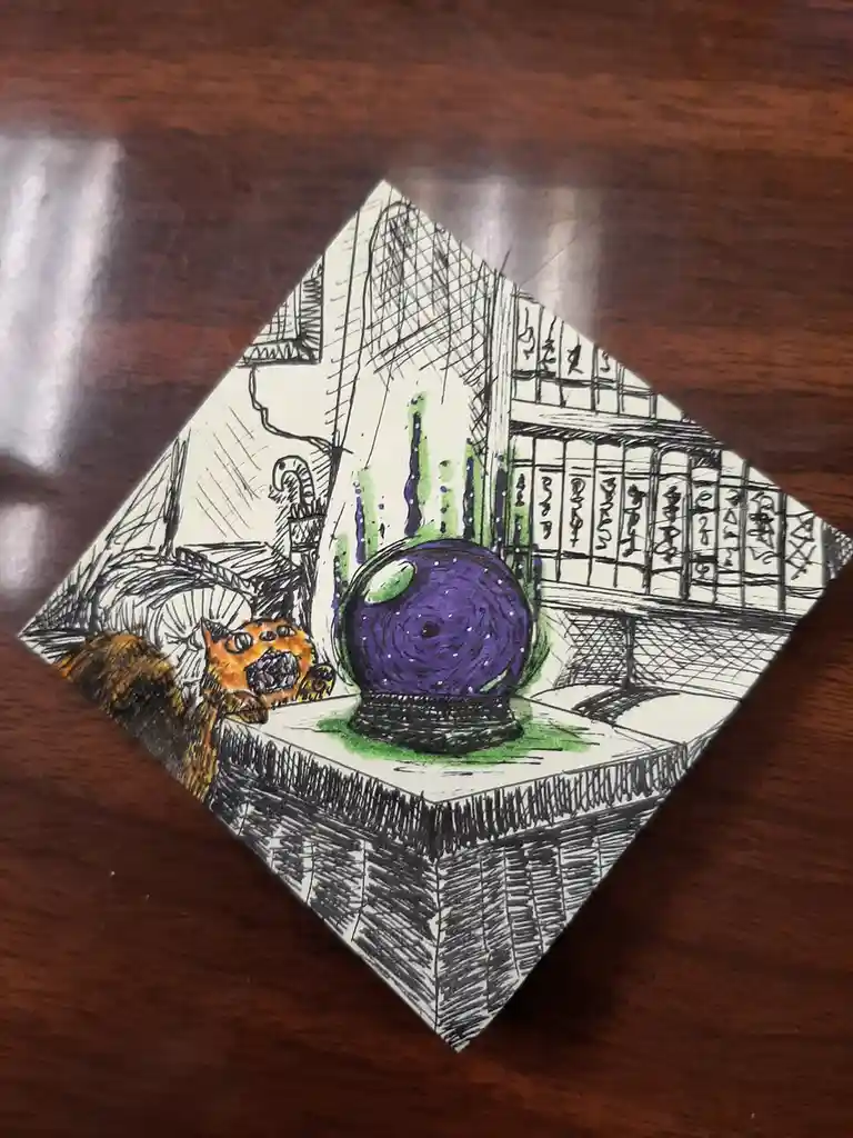 A hand-drawn, diamond-rotated sketch depicts a cartoonish orange cat with a menacing expression staring at a purple crystal…