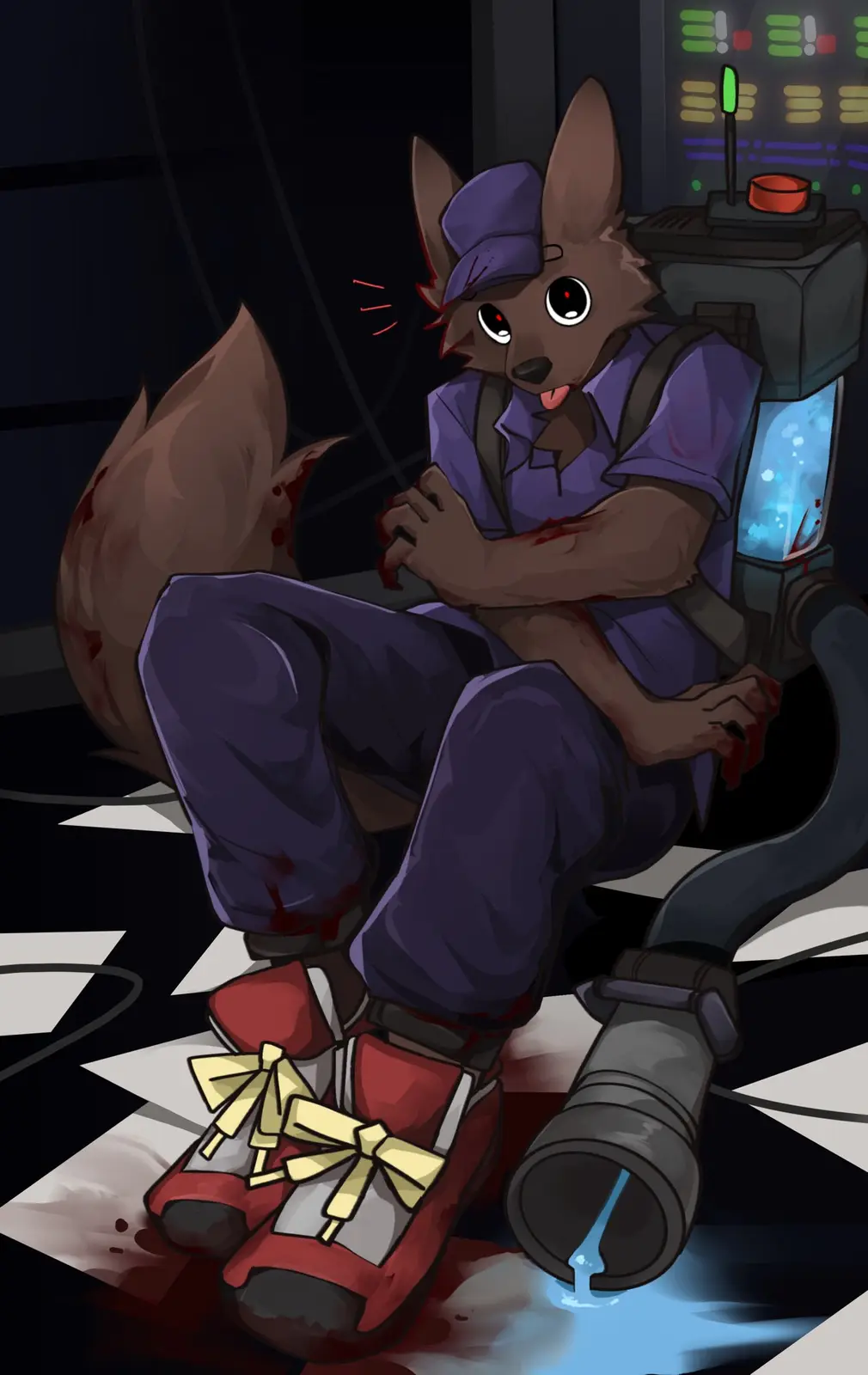 A cartoon fox in a purple uniform and red shoes with yellow bows sits injured and bloodied on a checkered floor next to a…
