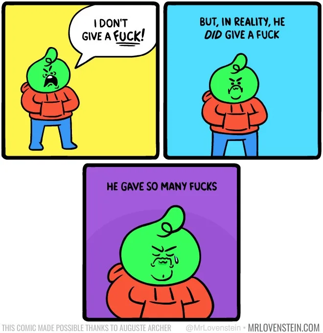 A three-panel comic featuring a green, round-headed cartoon character in an orange hoodie. In the first panel, the character…