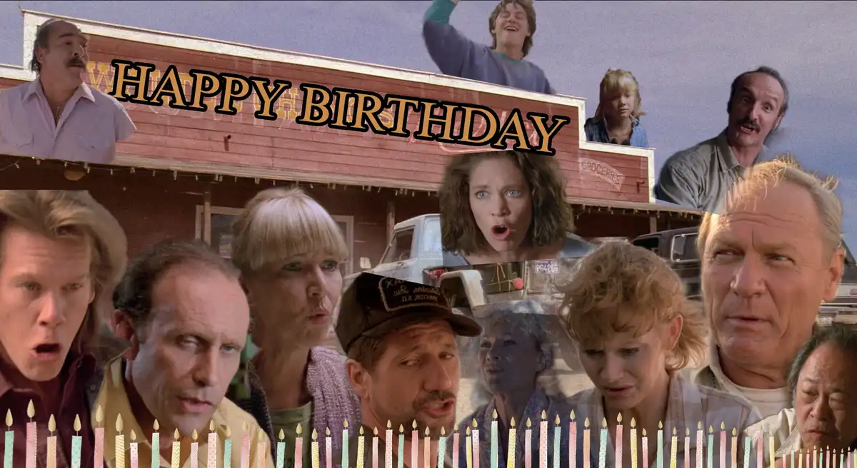 A collage of shocked and surprised faces from the movie 'The Big Lebowski' is overlaid with a row of colorful birthday…