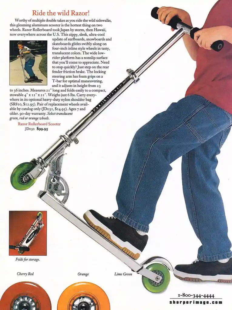 A vintage print advertisement for a Razor Rollerboard scooter, showing a child riding it with a large, angled view of the…
