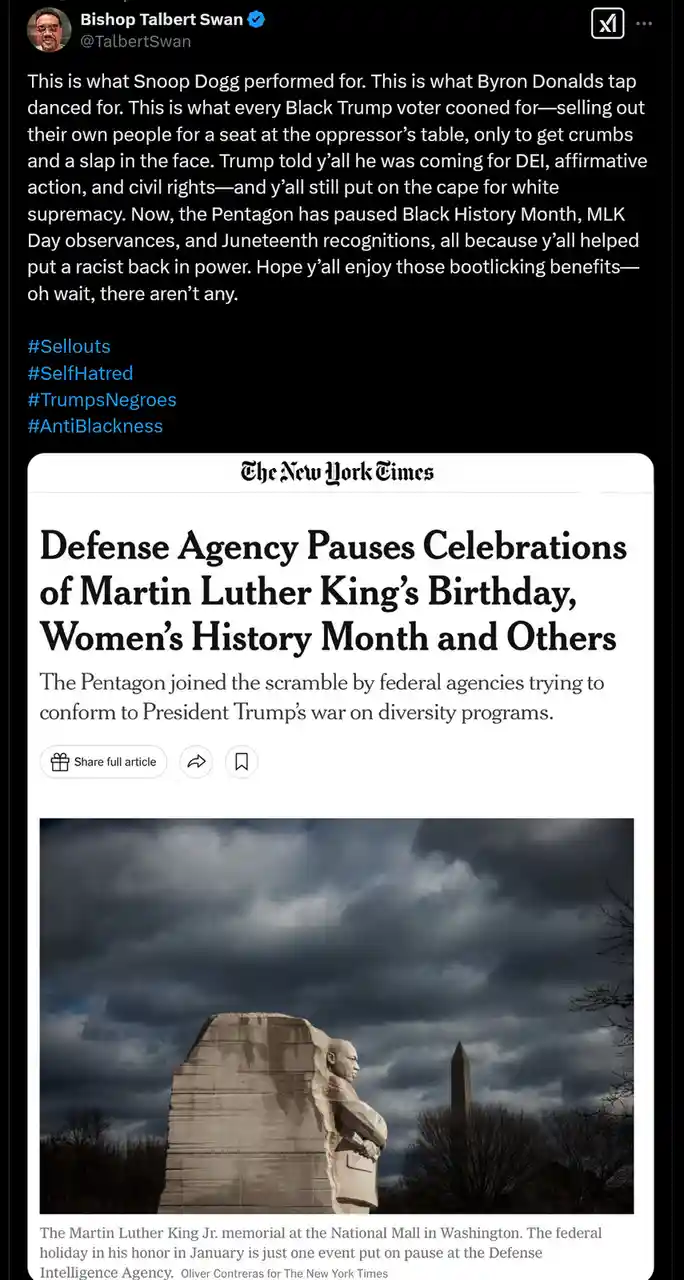 A screenshot of a tweet by Bishop Talbert Swan featuring a New York Times article headline about the Pentagon pausing MLK…