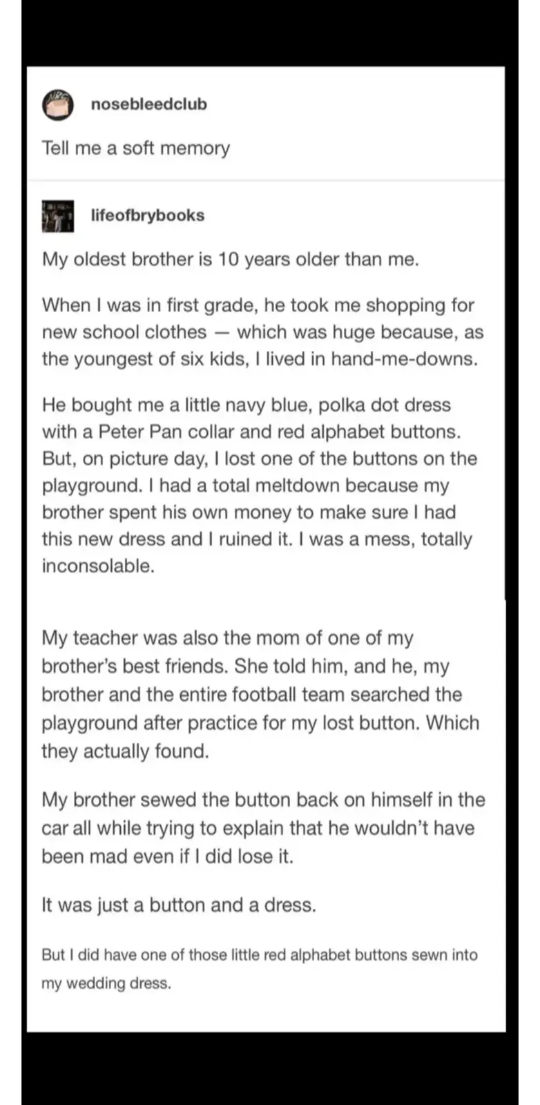 A screenshot of an Instagram comment thread where a user named 'lifeofbrybooks' shares a sentimental story about their older…