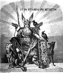 A black-and-white illustration depicts a regal, bearded figure with horns, seated on a throne, holding a staff and shield…