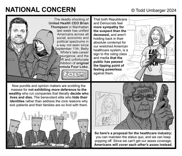 A four-panel black-and-white comic titled 'NATIONAL CONCERN' by Todd Umbarger. The first panel shows two men, one in a…