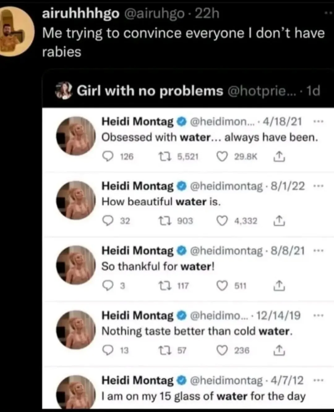 A screenshot of a Twitter thread showing Heidi Montag repeatedly posting about her obsession with water, with overlaid text…