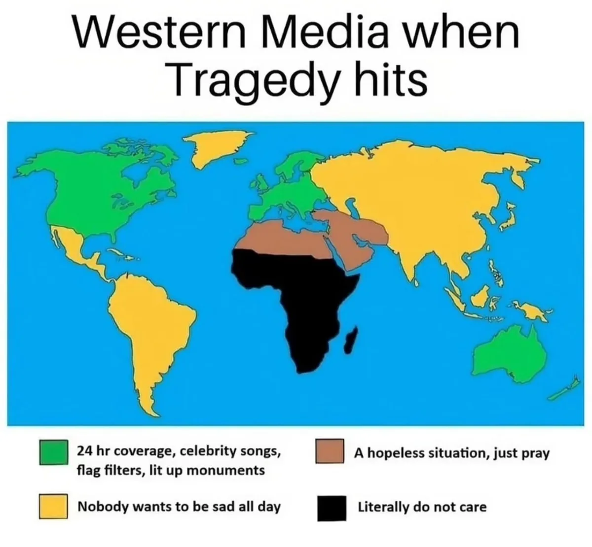 A world map with continents colored green, yellow, brown, or black, each color corresponding to a different media response…