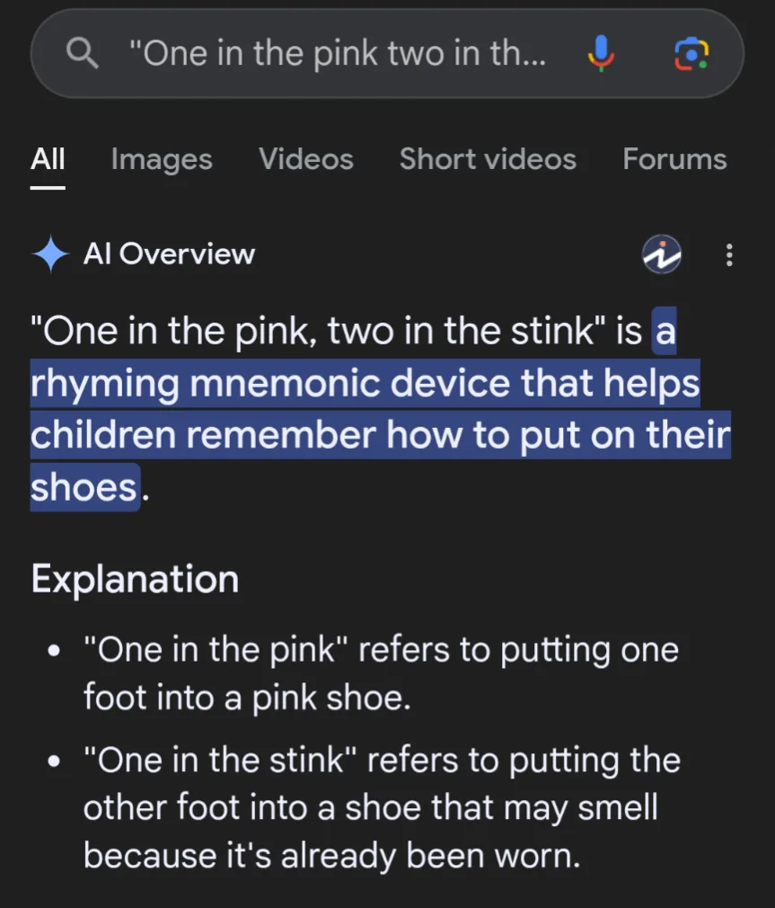 A screenshot of a Google search result showing an AI Overview that explains the phrase 'One in the pink, two in the stink'…