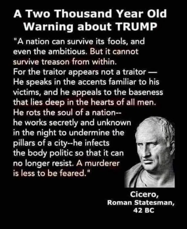 A black background features a grayscale bust of Cicero on the right, with a large block of white text quoting him. The quote…