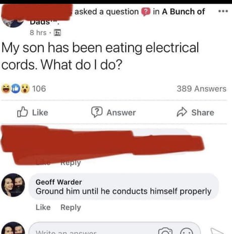 A screenshot of a Facebook post where a user asks 'My son has been eating electrical cords. What do I do?' Below, a reply…
