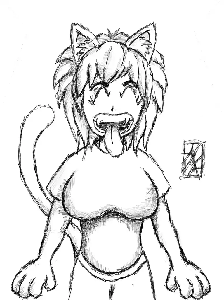 A black-and-white sketch depicts an anime-style female character with cat ears, a tail, and paw-like hands, sticking her…