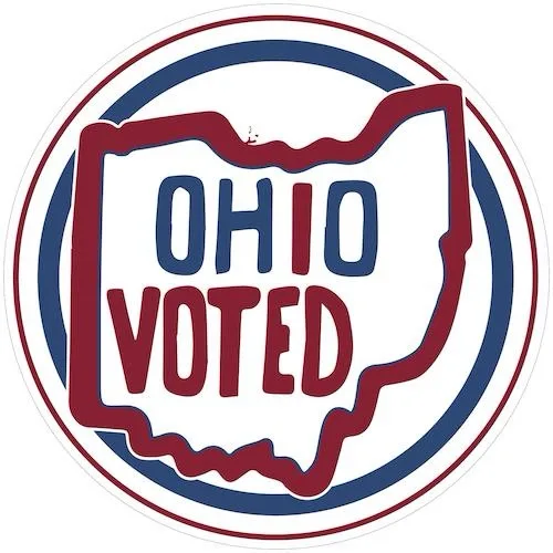 A circular sticker features the outline of the state of Ohio in red, with the words 'OHIO' in blue and 'VOTED' in red inside…