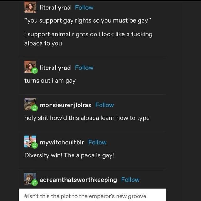A screenshot of a social media thread where a user named literallyrad jokes that they support animal rights and look like an…