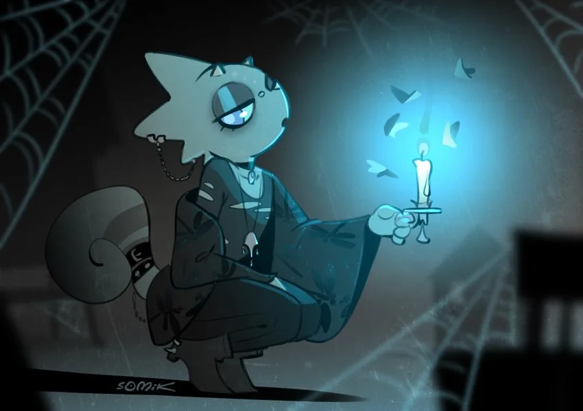 A stylized, pale blue anthropomorphic cat with a single visible eye and a monocle sits in a dark, spiderweb-filled room…