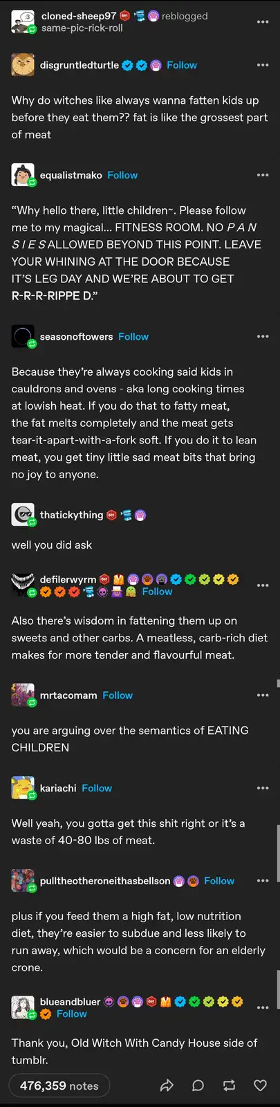 A screenshot of a Tumblr thread where users humorously debate why witches might fatten up children before eating them, with…