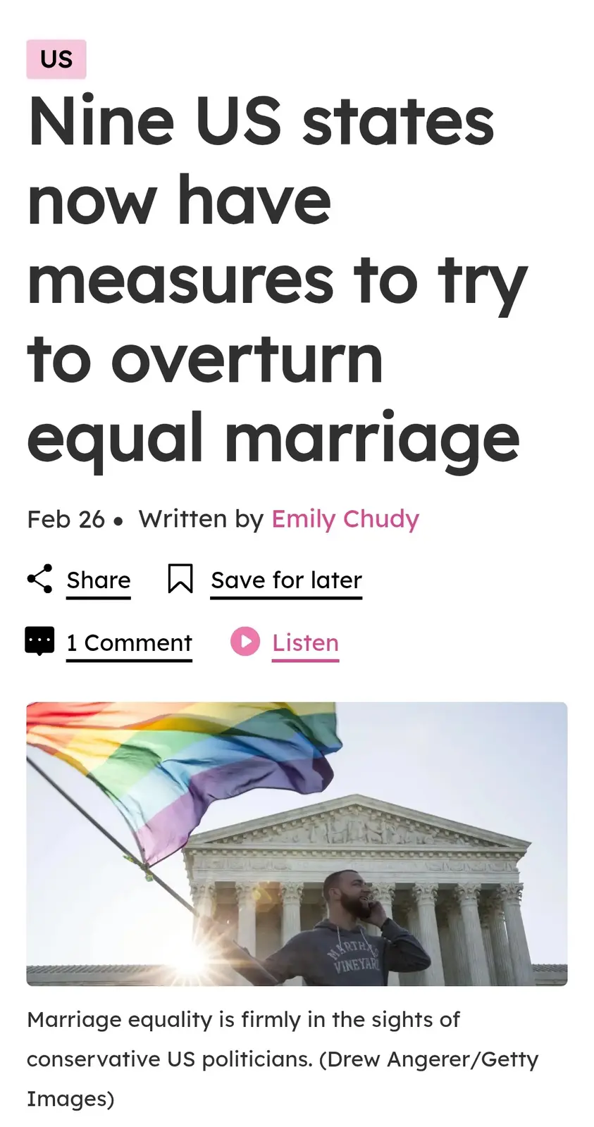 A screenshot of a news article headline about nine US states attempting to overturn equal marriage, overlaid on a photo of…