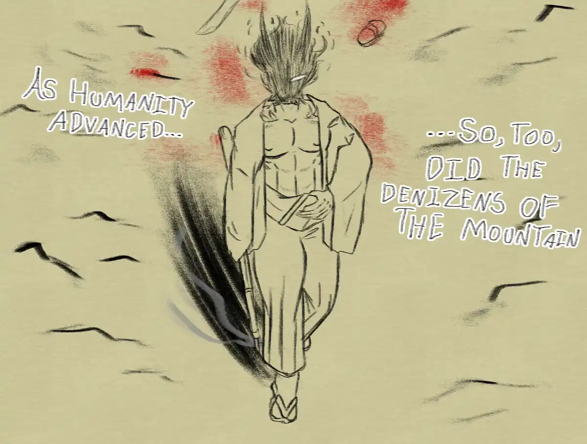 A sketch-style drawing shows a muscular, shirtless figure with spiky hair and a long robe walking forward, viewed from…