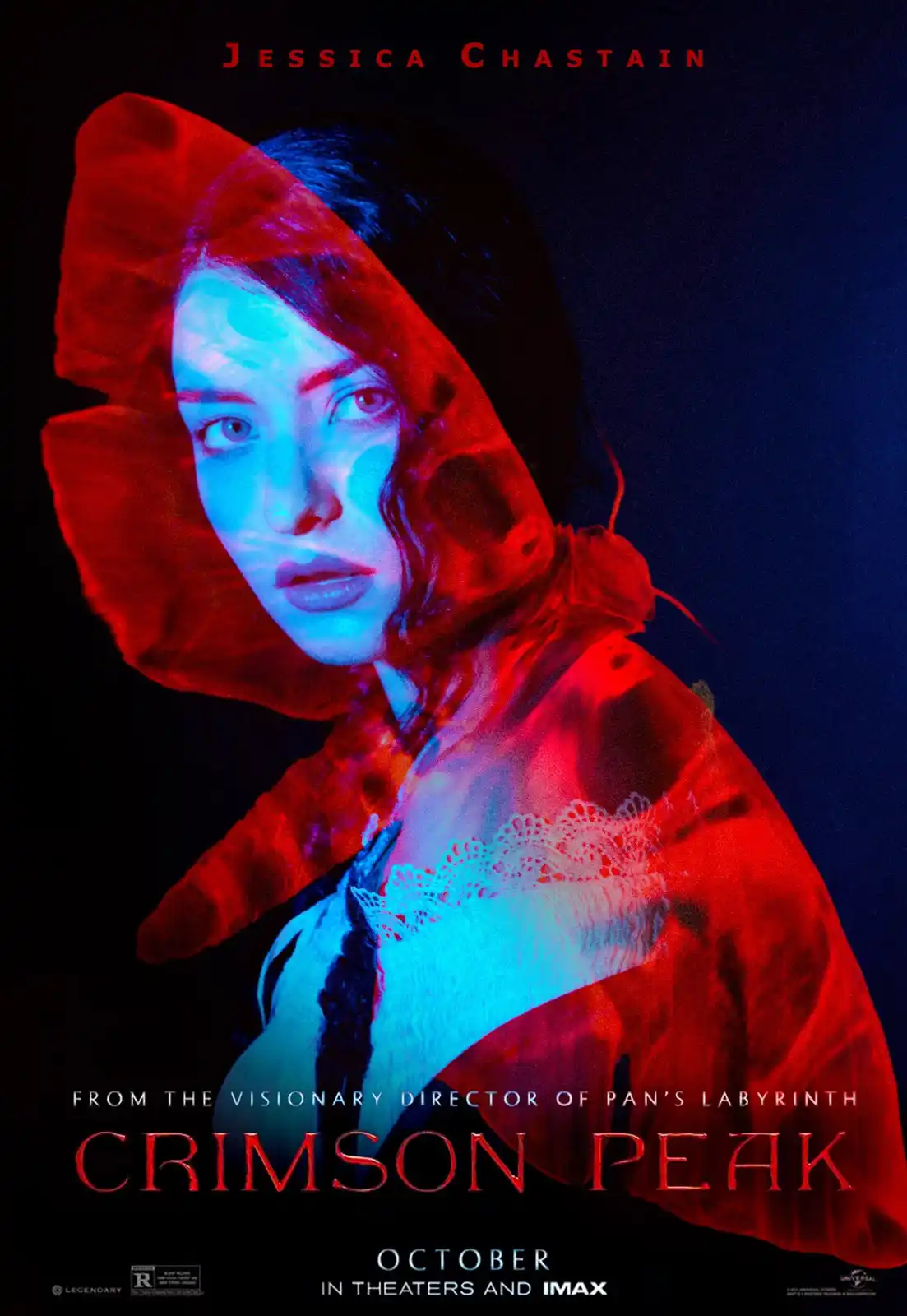 A promotional movie poster for 'Crimson Peak' featuring actress Jessica Chastain in a red hooded dress, illuminated by…