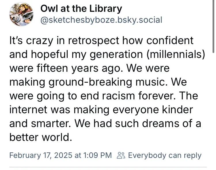 A screenshot of a social media post by 'Owl at the Library' (@sketchesbyboze.bsky.social) dated February 17, 2025, featuring…