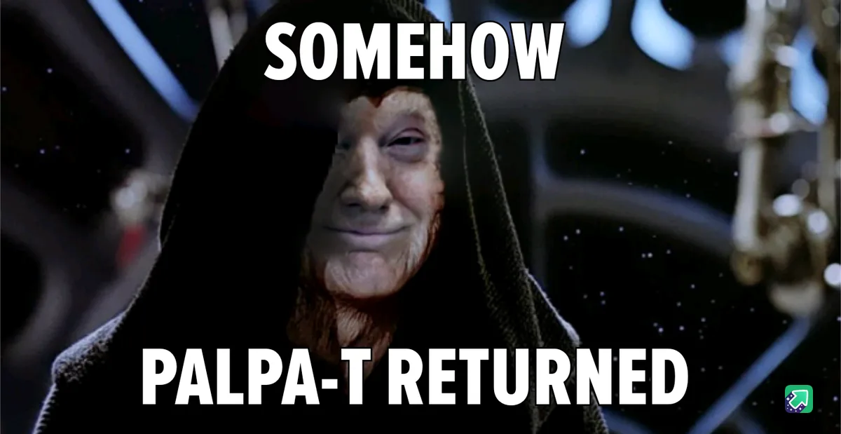 A close-up image of the character Palpatine from Star Wars, wearing his signature dark hooded robe and smiling smugly. The…