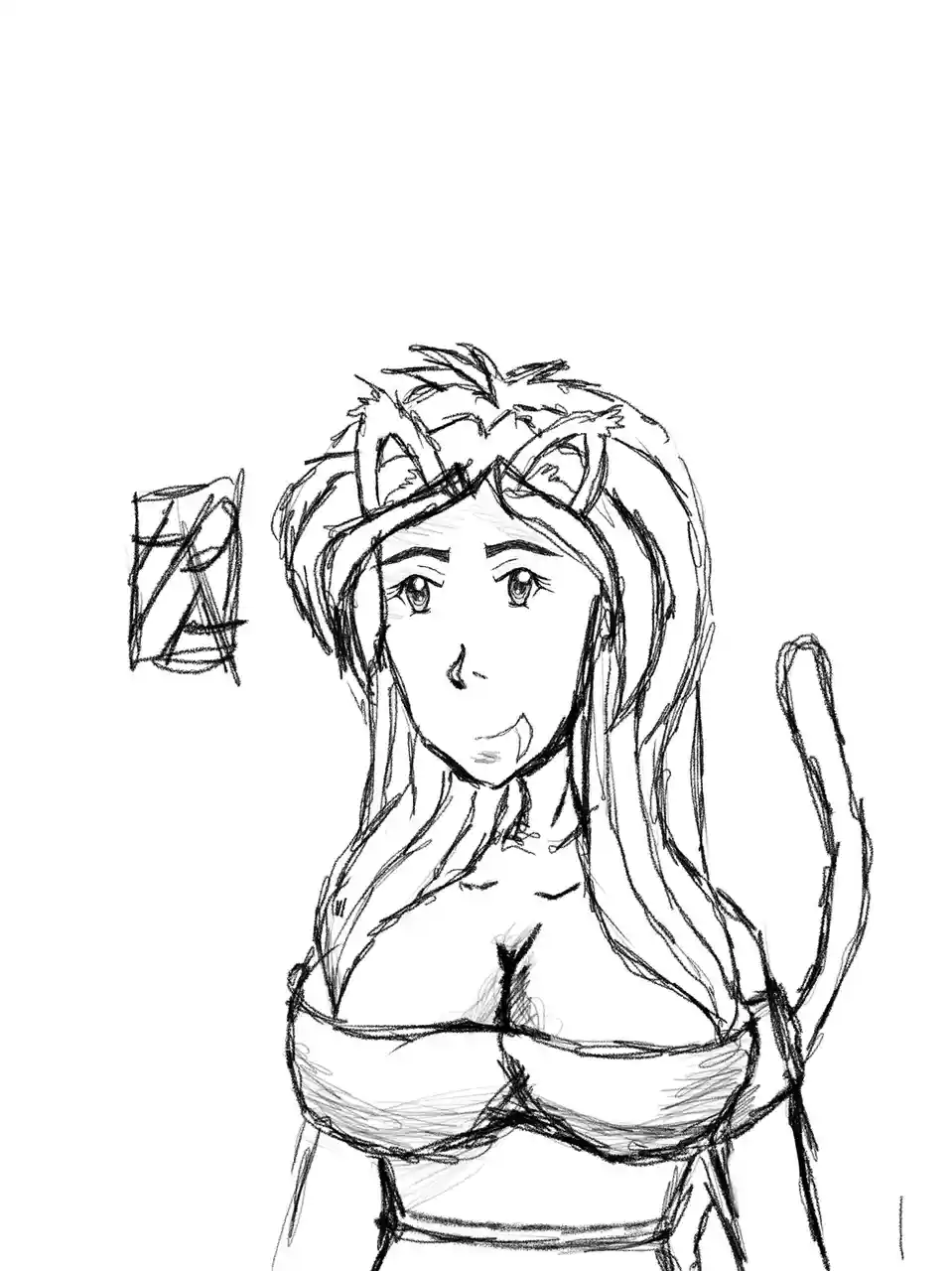 A rough black-and-white sketch depicts a female anime-style character with long hair, cat ears, and a tail, wearing a top…