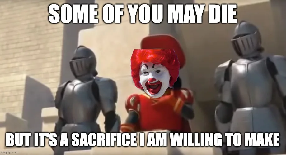 The image shows Ronald McDonald, the clown mascot of McDonald's, superimposed onto a scene from a medieval setting with two…