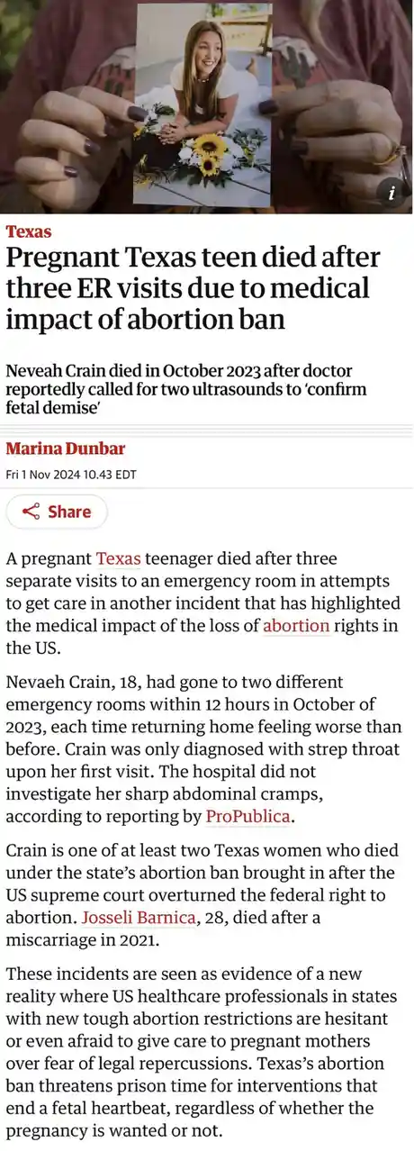 A screenshot of a news article about Neveah Crain, a pregnant Texas teen who died in October 2023 after three ER visits. The…