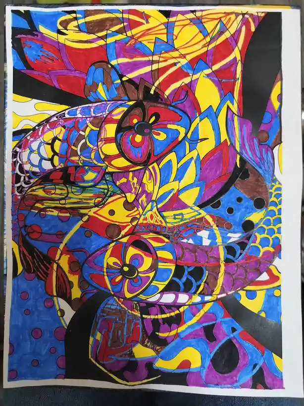 A vibrant, abstract drawing on paper features two stylized fish with swirling, psychedelic patterns in bold colors like…