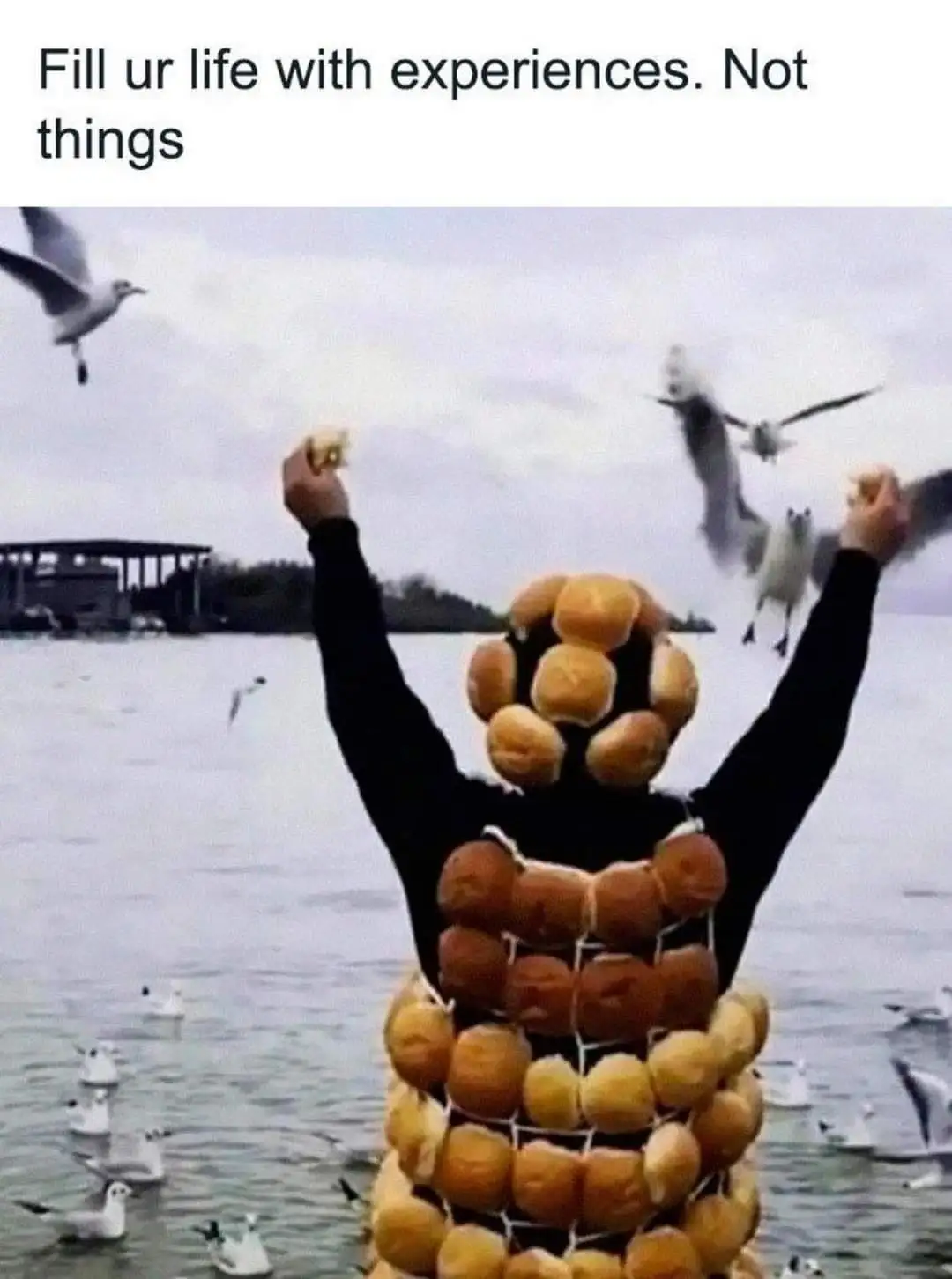 A person standing in water, covered head to toe in a net of donuts, with arms raised as seagulls fly around them. The…