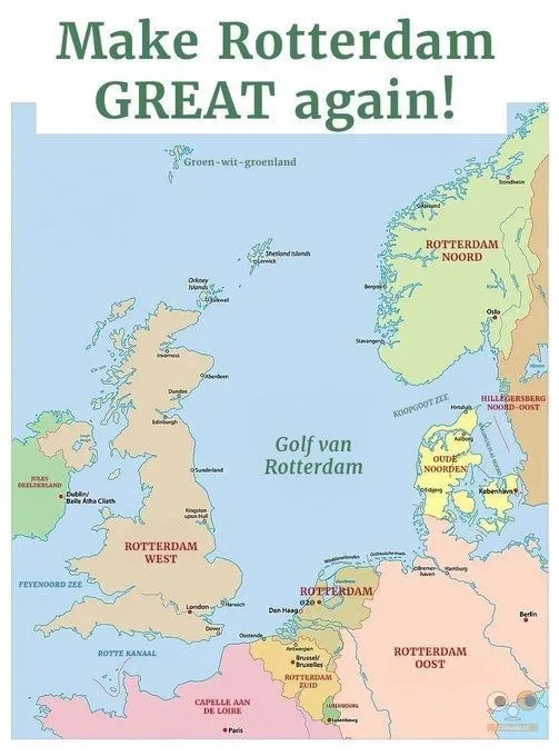 A satirical map humorously re-labels the British Isles and surrounding areas as parts of Rotterdam, with labels like…